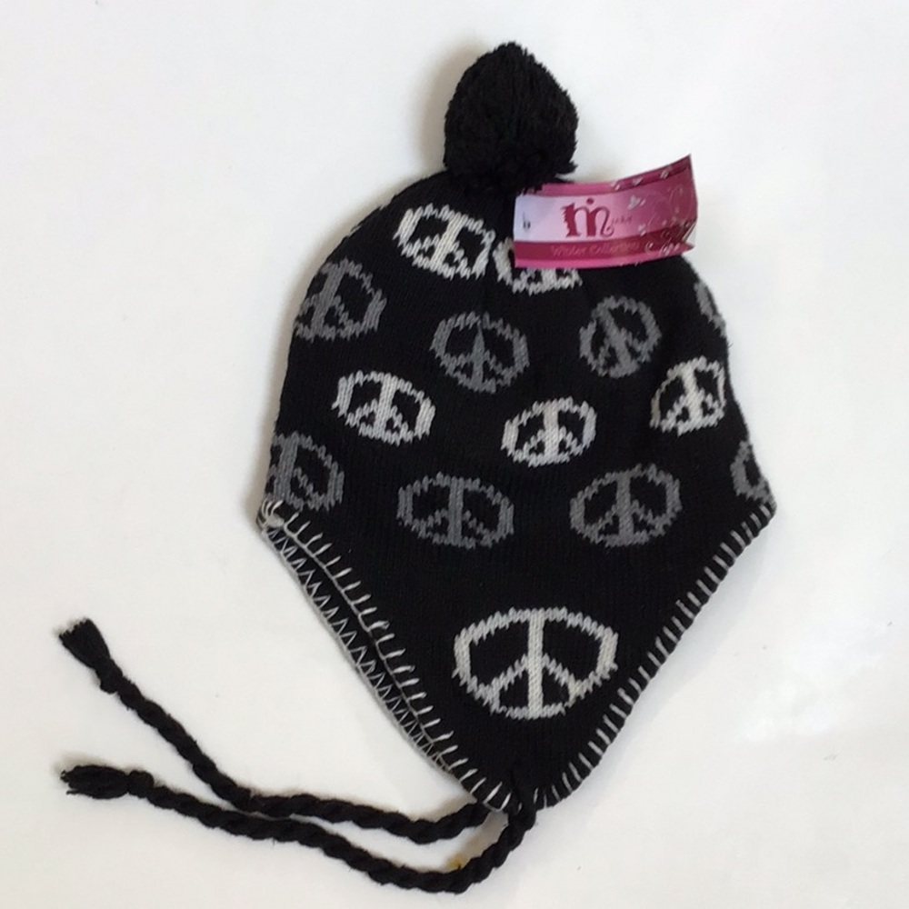 Minky Kids‎ Black Grey Peace Sign Knit Wool Fleece Flap Pom Pom Winter Hat NWT